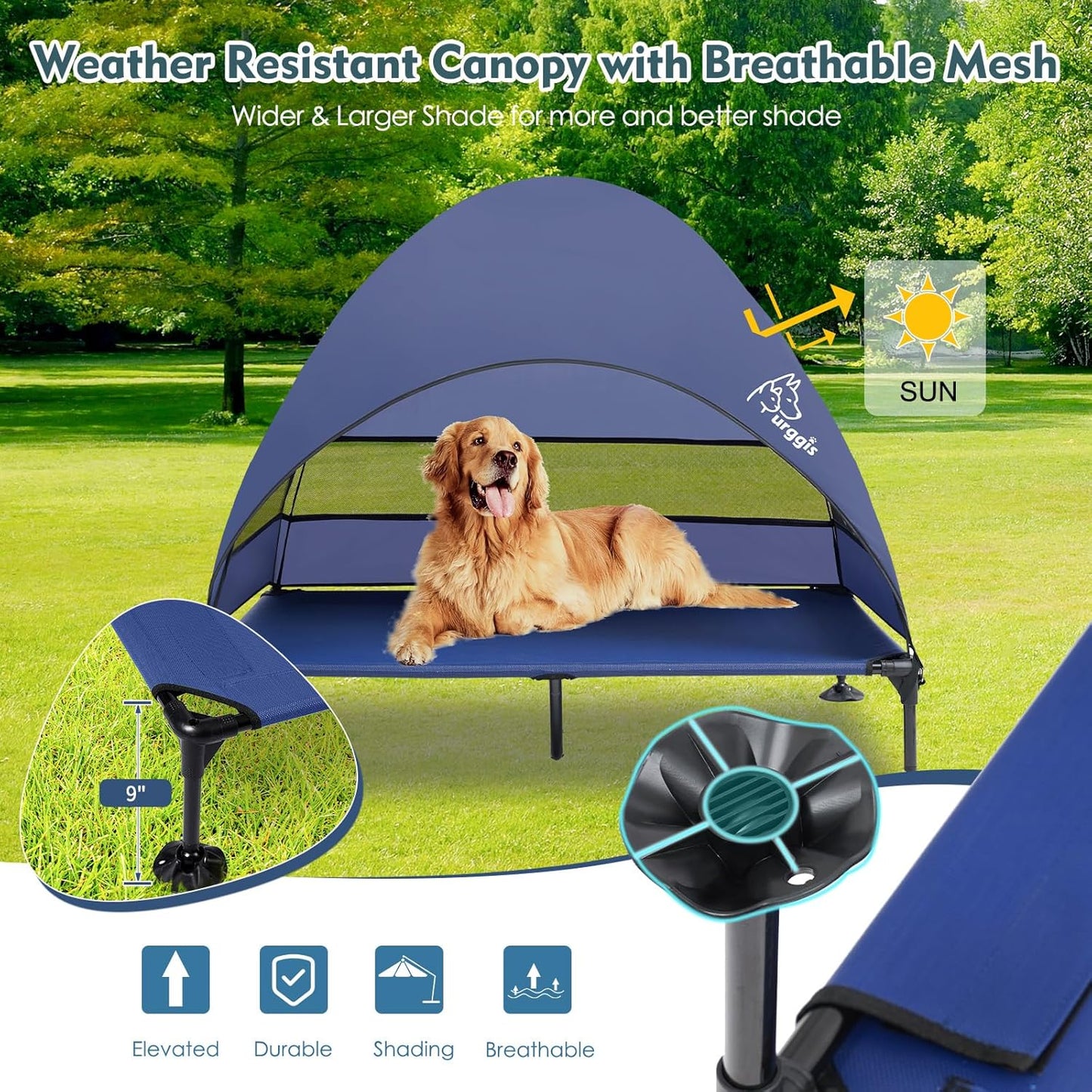 Upgraded Elevated Dog Bed with Canopy, Portable Raised Outdoor Dog Bed with Stable Anti-Slip Feet, Wider Shade Pet Bed Cot, Raised Dog Beds for Large Dogs Camping, Indoor & Outdoor Use