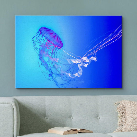 wall26 Canvas Print Wall Art Vibrant Neon Blue Pink Jellyfish Deep Sea Nature Animals Photography Realism Rustic Scenic Landscape Wilderness Earth Colorful for Living Room, Bedroom, Office - 32"x48"