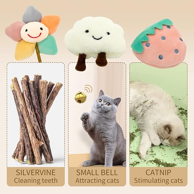 Kitten Chew Toys for Teething with Catnip – 3Pcs Bite Resistant Plush Cat Toys (Strawberry, Cloud Bell, Sunflower Stick)