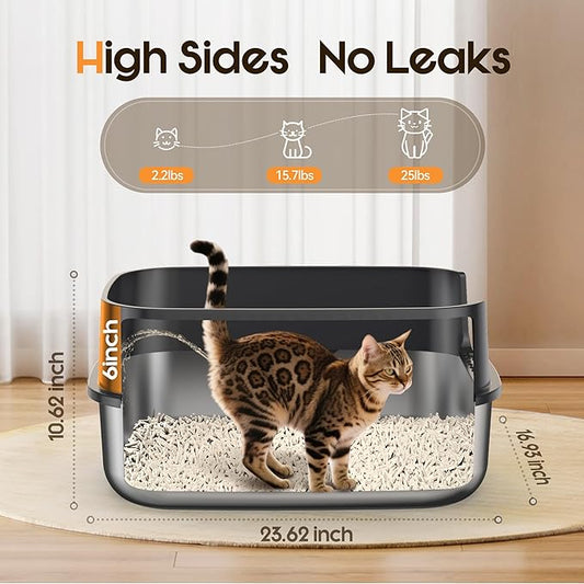 Stainless Steel Large Cat Litter Box, 23.6''×16.9''×10.6'' XXL Cat Litter Box with High Sides,Easy to Clean,Non-Sticky,Leak and Splash Proof(Gray),with Cat Litter Scoop.