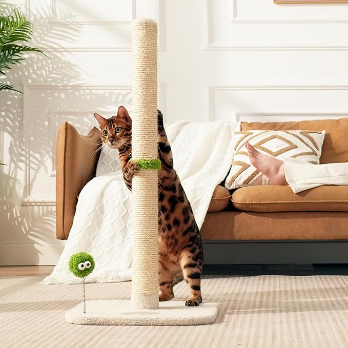 TINYBEAST 34" Tall Cat Scratching Post for Indoor Cats, Premium Natural Sisal Scratcher with Interactive Plush Toy Ball, Reinforced Stable Base for Large Adult Cats & Kittens(Beige)
