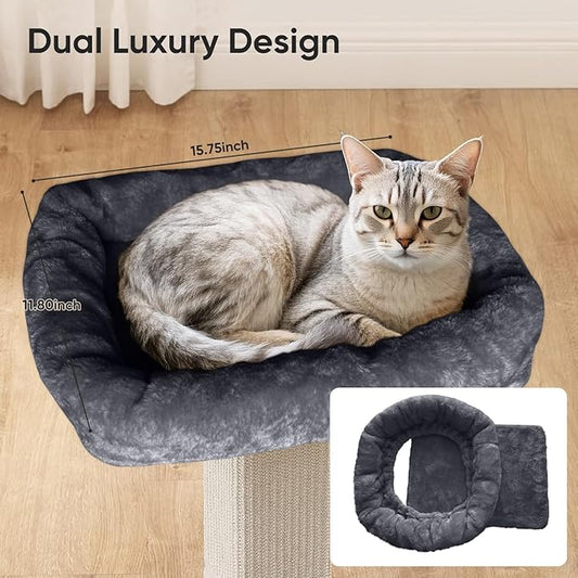 AGYM Cat Scratching Post, 32”Cat Scratcher with Large Plush Perch, Sisal & Carpet Scratching Post, Vertical Posts with Elevated Bed for Indoor Cats, Removable& Washable Cover, Darkgrey