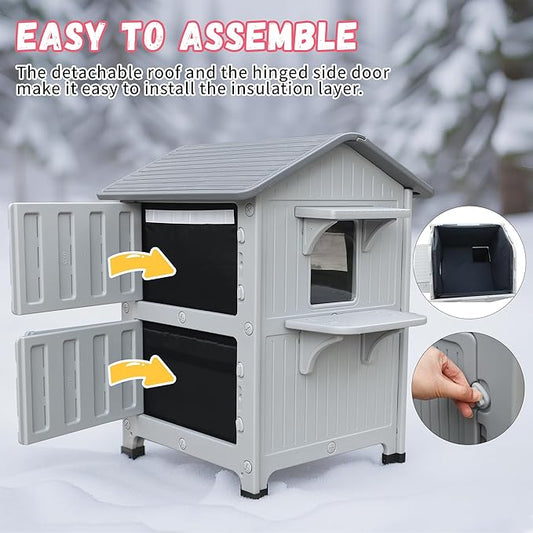 100% Insulated Outdoor Cat Houses for Winter, Waterproof 2 Story Outdoor Cat House with Insulated Liner, Outside Feral Cat Shelter for Outdoor Cats, Easy to Clean-Grey