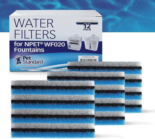 PET STANDARD Premium Water Filter Compatible with NPET® WF020 Water Fountain. Rectangular-Shaped, Washable Pet Fountain Filters with Triple Filtration System, Pack of 12