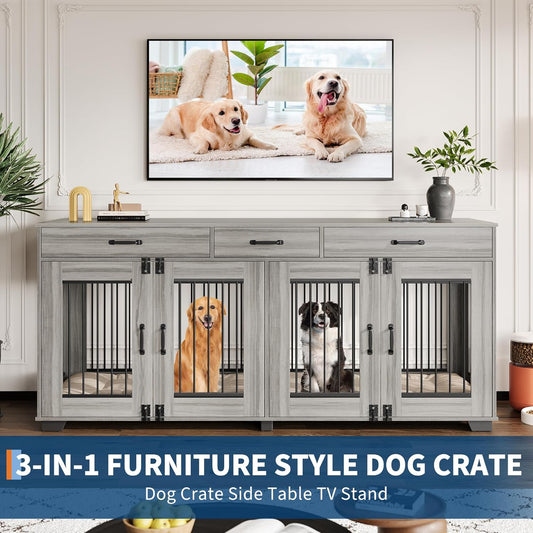 71 Inch Dog Crate Furniture for 2 Rooms, Wooden Double Crate Large Breed with Door, Dog Kennel Indoor, TV Stand End Table with Divider for Large Medium Dogs,Grey