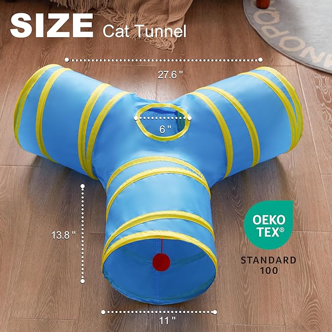 Love's cabin Cat Tunnel Tube Toys 3 Way Collapsible, Cat Tunnels for Indoor Cats,Kitten Tunnel Bored Pet Play Tunnel with Peek Hole Toy Ball for Kitty, Kitten, Rabbit, Puppy Blue&Yellow