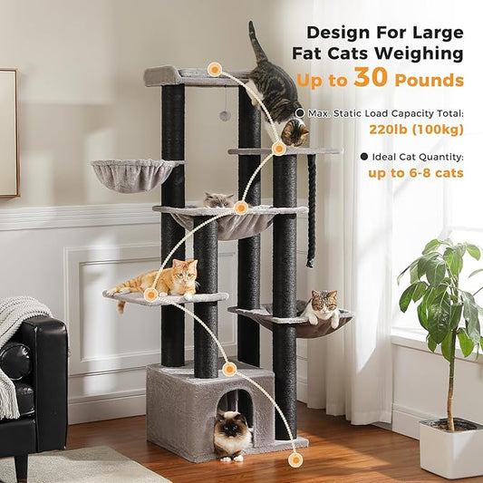 Large Cat Tree with 13 Thick Study Scratching Posts (φ4.3in)-67in Heavy Duty Cat Tower for Indoor Adult Cats with XXL Cat Condo, Super Big Perch & 3 Hammocks for Maine Coon 20 lbs -Gray