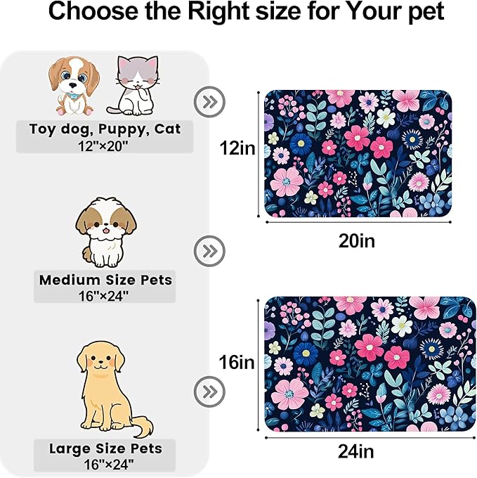 Groovy Wildflowers Pet Feeding Mat-Quick Dry Absorbent Dog Cat Food Mat, Anti-Slip Water Bowl Mats for Messy Eaters-No Stains Indoor Pet Accessories 12"x20"
