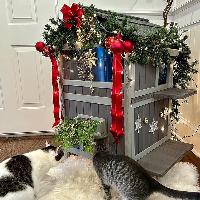 Insulated Outdoor Cat House with Escape Door 2-Story Weatherproof Kitty Shelter with Insulated Liner Large Feral Cat Shelter with Window