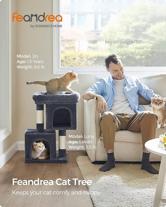 Feandrea Cat Tree, 26.4-Inch Cat Tower, S, Cat Condo for Kittens up to 7 lb, Large Cat Perch, 2 Cat Caves, Scratching Post, Smoky Gray UPCT611G01