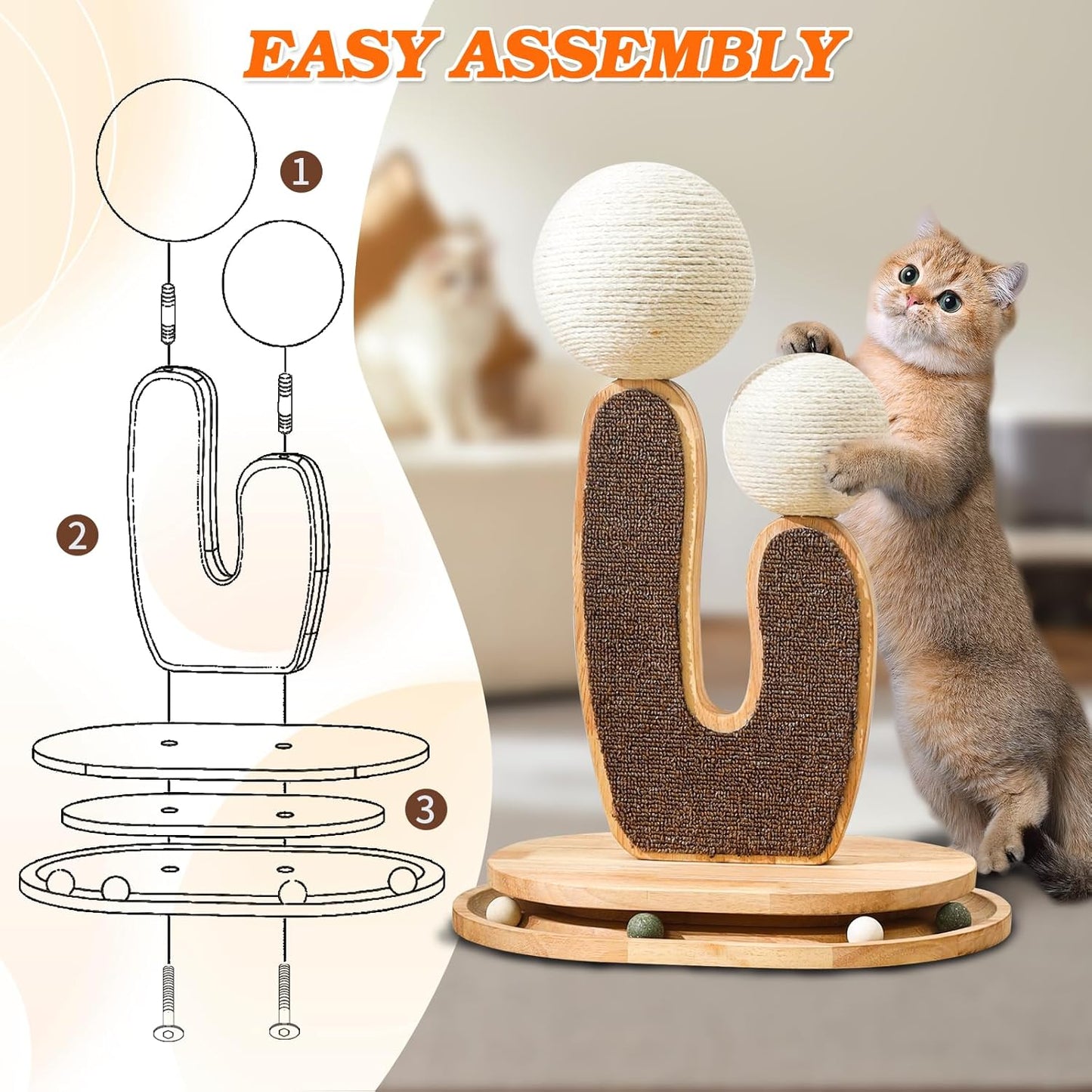 Cactus-Shaped Cat Scratching Post with Cat Scratcher, Interactive Toy Balls, Handmade with Natural Materials, Cute Cat Scratching Post, Easy-to-Clean Cat Furniture