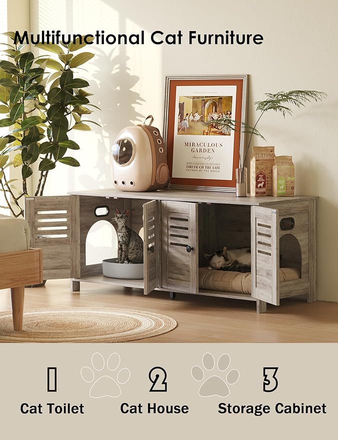 DINZI LVJ Litter Box Enclosure for 2 Cats, Hidden Litter Box Furniture with Double Rooms, Dual Cat Litter House, Front Doors, 47.2" Wooden Hidden Cat Washroom, Side End Table, TV Stand, Greige