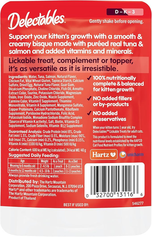 Hartz Delectables Bisque for Kittens, Complete & Balanced Tuna & Salmon Cat Wet Lickable Treats, 12 Count