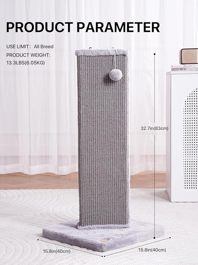 32.7" Tall Cat Scratching Post for Indoor Cats, Sisal Cat Scratcher Post with Hanging Ball