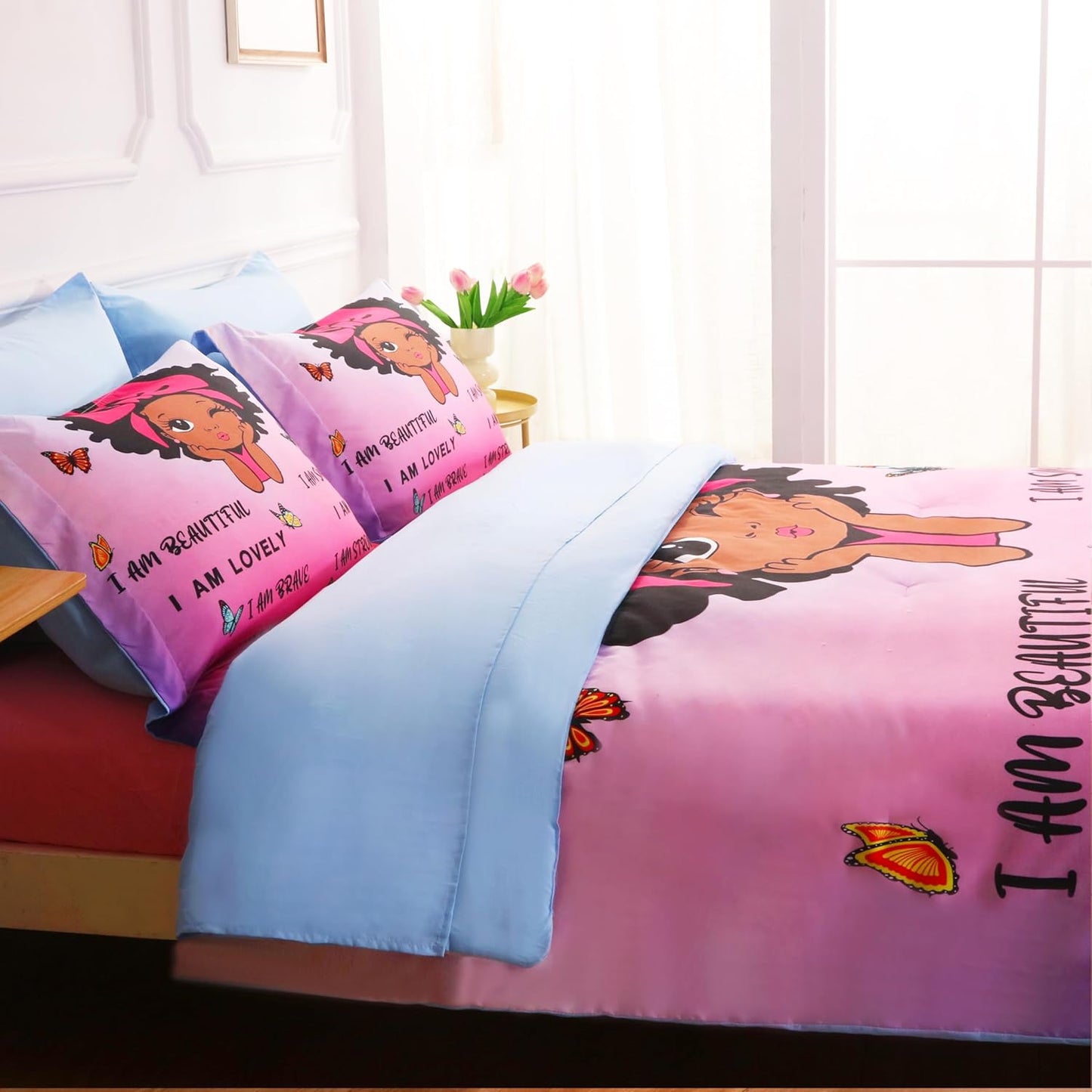 7 Piece Black Girls Magic Comforter Set Twin Size African American Girl Bedding Sets Bed in A Bag for Kids Teens Inspirational Quotes Pink Blue Quilt Room Decor