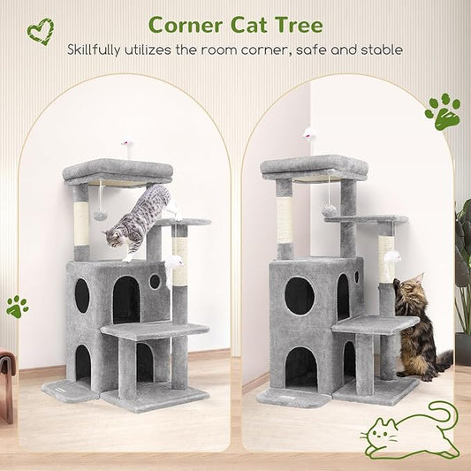 Globlazer Cat Tree Tower for Indoor Cats, 50-inch Adult Cat Tree House for Large Adult Cats with Steps, Scratching Post, 2 Cat Caves, Dangling Toys, FC50, Light Grey