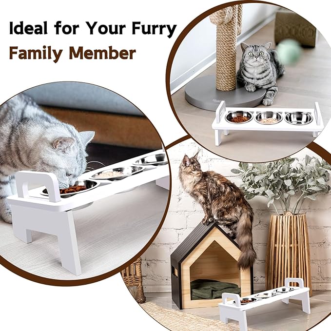 Elevated Cat Food Bowl, 3 Stainless Steel Raised Cat Bowls with Stand, 15°Tilted Cats Bowl for Indoor Cats, Pet Food and Water Bowl Set, Anti Vomitting, Whisker Fatigue and Dishwasher Safe - White