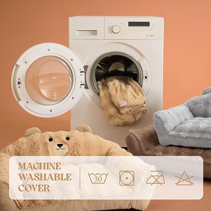 LE SURE Cute Cat Couch for Pets - Fluffy Original Bear Design Cat Beds for Indoor Cats, Fuzzy Cats Sofa with Removable Washable Cover, Supportive Pet Chair, 24inch, Pastel Grey