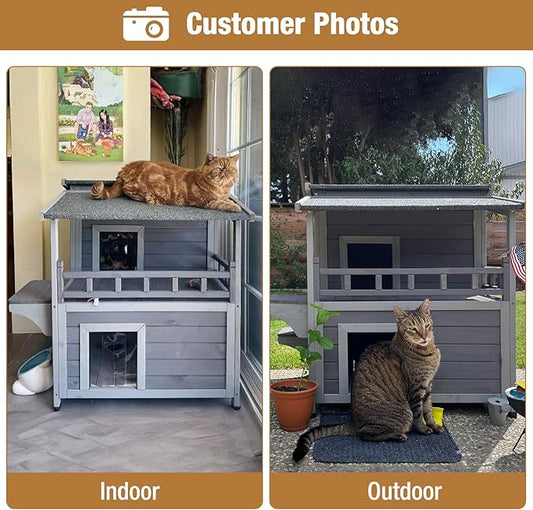 GUTINNEEN Outdoor Feral Cat House, Outside Cat Condos Two Story, Rainproof Kitty House for Winter