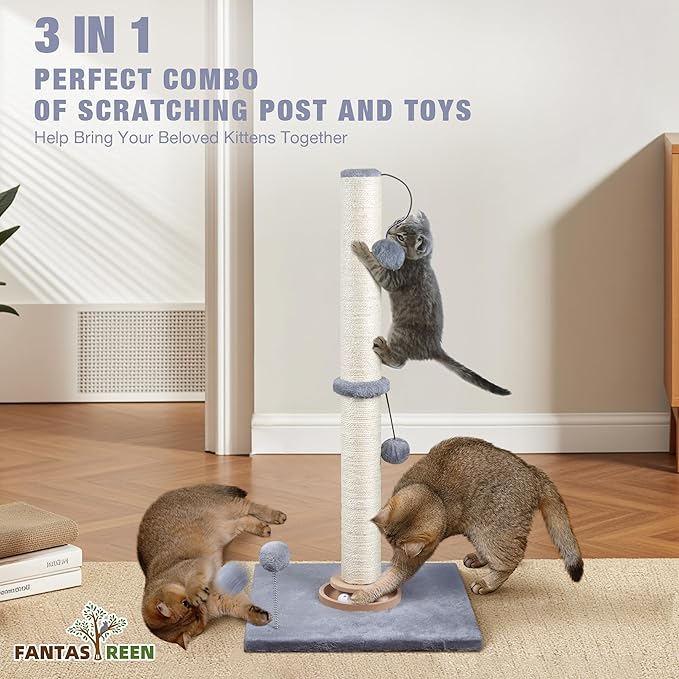 31" Cat Scratching Post Kitten Toys for Indoor Cats, Interactive Cat Scratcher with Catnip Balls, Sisal Scratch Rope for Large Cats, Grey