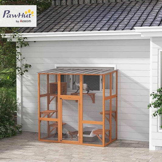 PawHut Catio Outdoor Cat Enclosure Window Box, Wooden Cat House Playground with Scratching Posts, Weather Protection Roof for 1-2 Kitties, Resting Boxes, 68" x 35.5" x 70.5", Orange