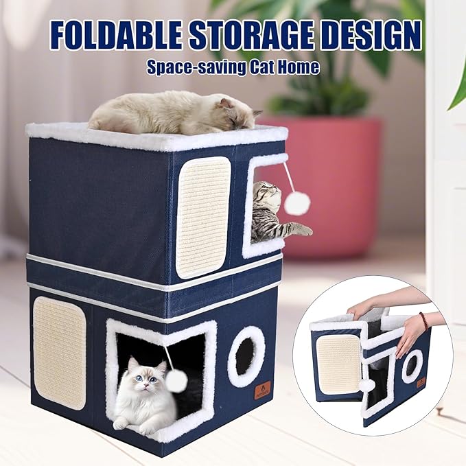 2-Story Cat House for Indoor Cats, Dual-Purpose Cat Cave Bed with Scratch Pad and Fluffy Ball, Foldable Cat Hideaway, Cute Cat Condo Furniture for Multi Small Pet Kitten, Blue