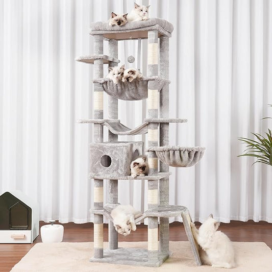 Hey-brother Cat Tree, 69.3-Inches Multi-Level Plush Cat Tower for Indoor Cats with Large Top Perch, Extra Spacious Hammock, 2 Hammocks Ramp, Hanging Ball, Light Gray MPJ037W