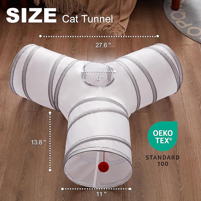 Love's cabin Cat Tunnel Tube Toys 3 Way Collapsible, Cat Tunnels for Indoor Cats,Kitten Tunnel Bored Pet Play Tunnel with Peek Hole Toy Ball for Kitty, Kitten, Rabbit, Light Gray&Gray
