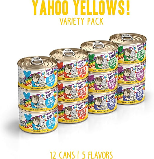 Weruva B.F.F. OMG - Best Feline Friend Oh My Gravy, Yahoo Yellows Variety Pack, 2.8oz Can (Pack of 12)