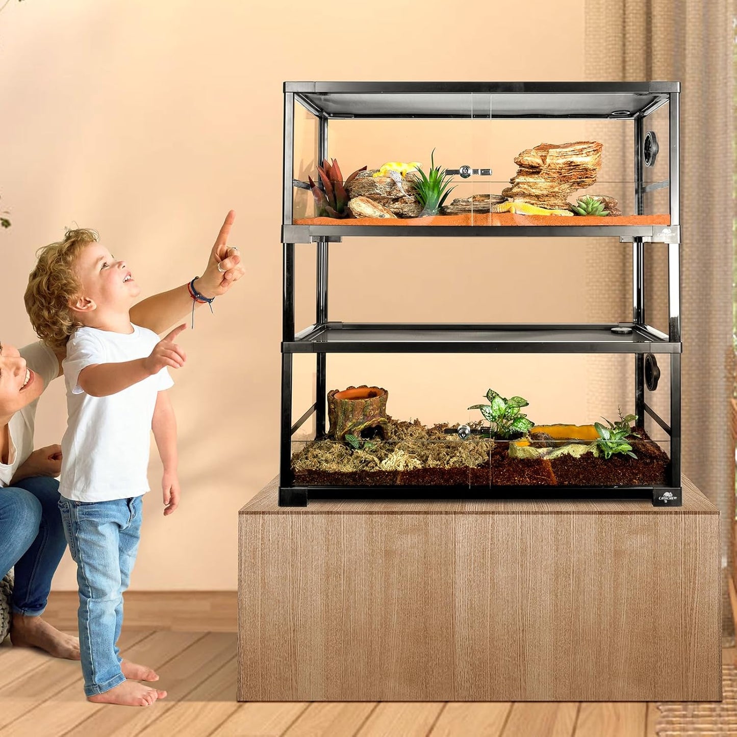 Double Stacked Reptile Tank, 30" x 12" x 32" Tall Reptiles Terrarium, Front Opening, Full Vision, Knock Down, 2 Pack 20 Gallon Glass Cage for Reptile, Bearded Dragon, Lizard, Snake, Gecko