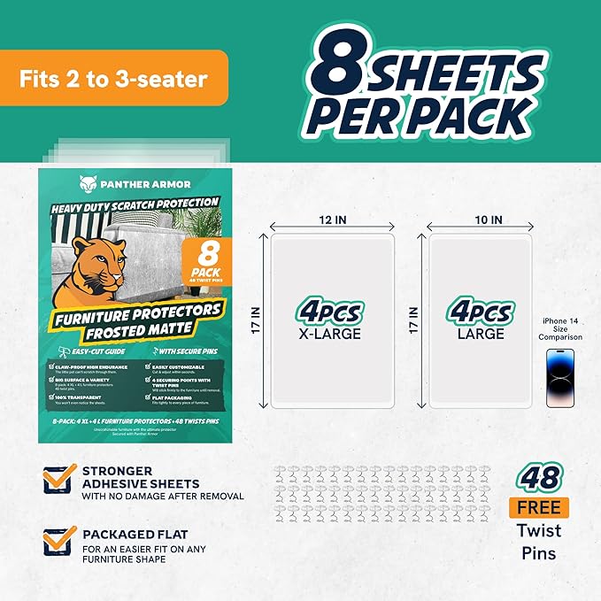 Panther Armor Anti Scratch Furniture Protectors in Frosted Matte, 8-Packs of Flat Sheets to Protect Couch from Cats Scratching, Heavy Duty Couch Covers for Pets, Sofa Guards