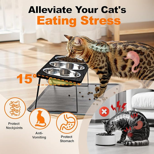 Elevated Cat Food Bowls with Mat Whisker Friendly, 15°Tilted Raised 3 Stainless Steel Cat Water Dishes Set for Anti Vomit, Black Pet Holder Stand Feeding Station for Indoor Kitten and Puppy