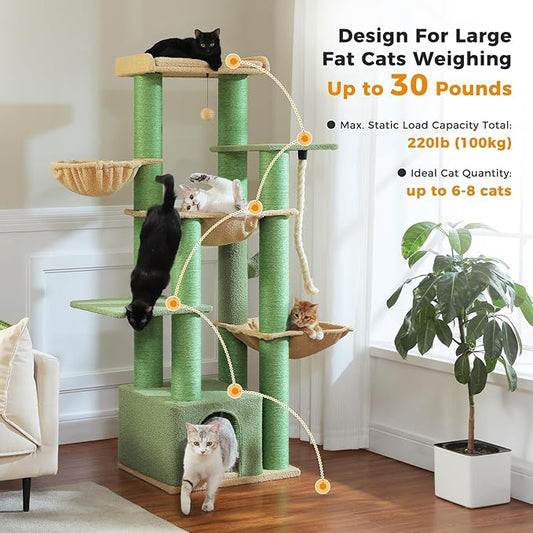 Cactus Cat Tree for Large Indoor Cats – 67" Tall Cat Tower with 13 Thick (φ4.3in) Scratching Posts, Spacious Top Bed, Metal Frame & Cozy Hammocks, Ideal for Maine Coon (Up to 20 lbs) - Green