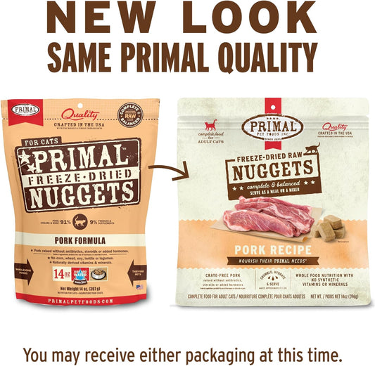 Primal Freeze Dried Raw Cat Food Nuggets Pork, Complete & Balanced Meal or Topper, Premium, Healthy, Grain Free, High Protein Raw Cat Food with Probiotics (5.5 oz)