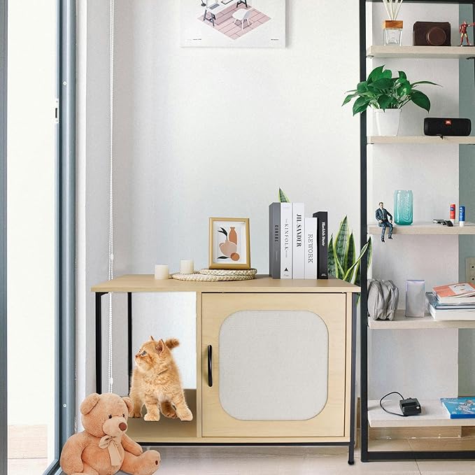 Modern Cat House Furniture with Metal Frame – 2-Tier Wood & Steel Cat Bed End Table, Hidden Cat Condo for Indoor Cats, 31.5" x 18.9" x 22", Rustic Natural Finish