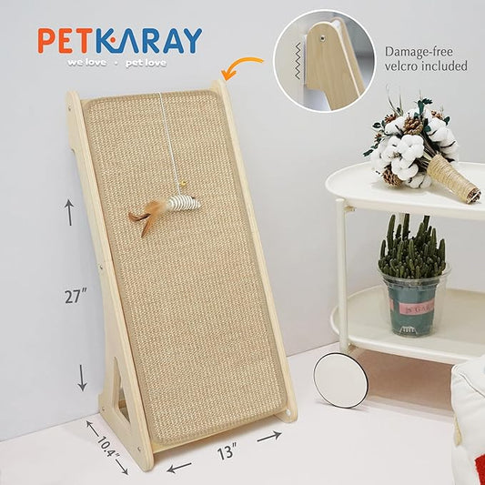 PETKARAY Cat Scratcher, Sisal Cat Scratching Ramp, L Shape Scratch Pad for Indoor Kitty, 27" Wall Furniture Protector with Mouse Toy