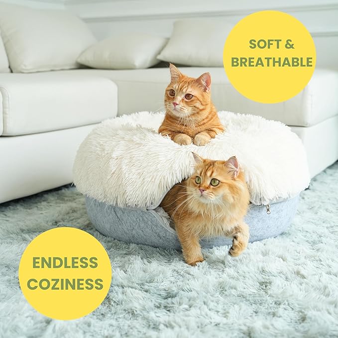 CATTASAURUS Peekaboo Cat Cave for Multiple & Large Cats Up to 30-45 Lbs, Fluffy Cat Beds for Indoor Cats, Scratch Detachable & Washable Tunnel Bed, Comfy Donut Cat Cave (Light Gray, Large (Calming))