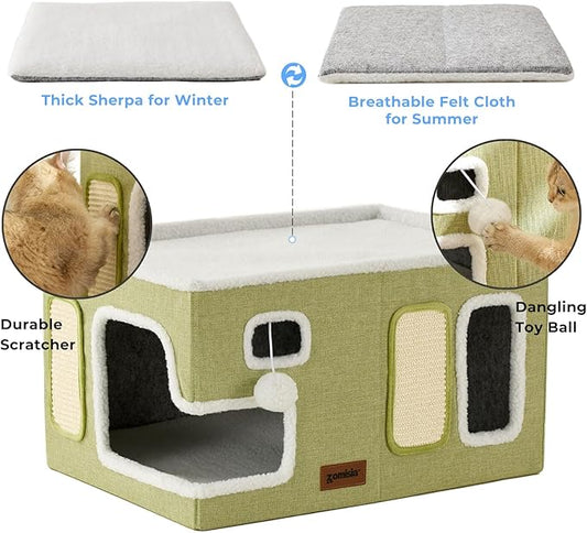 Extra-Wide Cat House for Indoor Cats - Large Cat House for Pet with Fluffy Ball Hanging and Scratch Pad, Foldable Cat Hideaway for Multi Cats, 23x16.5x13 inches, Navy