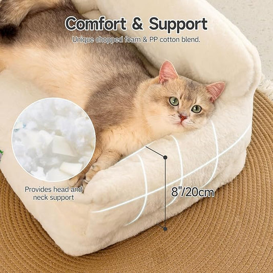 MEWOOFUN Cat Bed for Indoor Cats, Fluffy Cat Sofa with Removable Washable Cover, Cute Cat Couch with Non-Slip Bottom (White, 22x15x10)