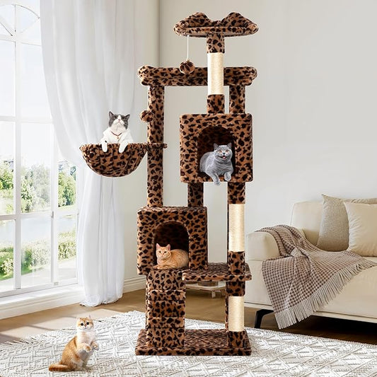 Allewie 64 Inches Cat Tree Tower/Multi-Level Activity Center for Indoor Big Felines/2 Plush Condos/2 Perchs/Basket/House/Sisal Scratching Posts/Hanging Cat Toys/Leopard Print