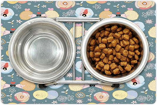 Lunarable Animal Pet Mat for Food and Water, Hedgehogs Kissing Hearts Love Bees Flowers Cheerful Happy Art Image, Non-Slip Rubber Mat for Dogs and Cats, 18" X 12", Multicolor