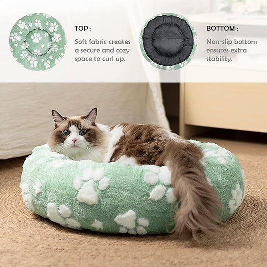 Donut Dog Beds for Small Dogs, Calming Round Cat Beds for Indoor Cats, Cute 3D Textured Paw Pet Bed with Removable Washable Cover and Anti-Slip Bottom(Green,20")