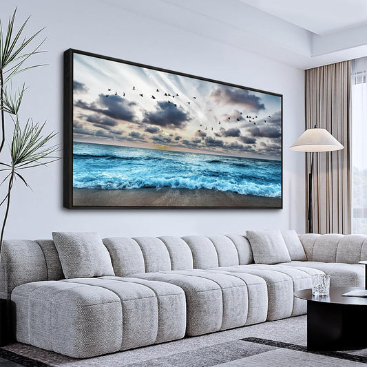 Wapluam Large Wall Decoration For Living Room Black Framed Canvas Wall Art For Bedroom Office Wall Decor Black And White Wall Painting Blue Sea Wave Pictures Artwork Modern Hotel Room Home Wall Art