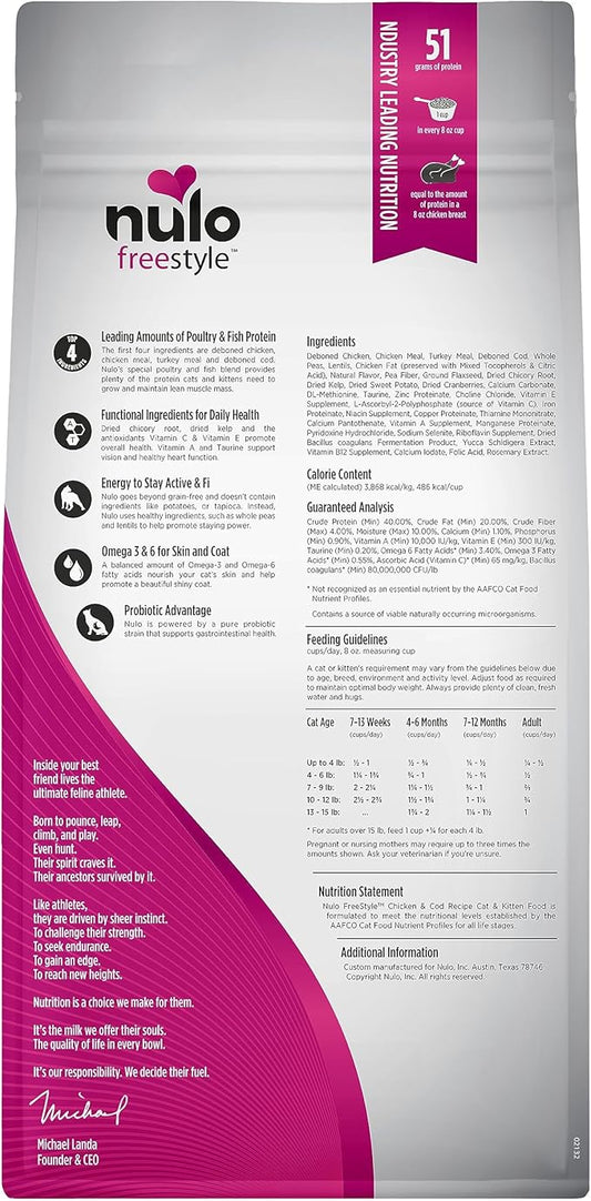 Nulo Freestyle High Protein Cat & Kitten Food, Chicken & Cod Recipe - Natural Grain-Free Dry Cat Food with Omega Fatty Acids & Probiotics, 2 lb Bag