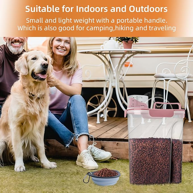 Dog Food Storage Container, Upgraded Large Nozzle BPA-free, 8-12 LBS Plastic Pet Food Storage Containers, With 4 Sealed Clasps, 1 Measuring Cup and Handle (1, Rose Pink, 5L)