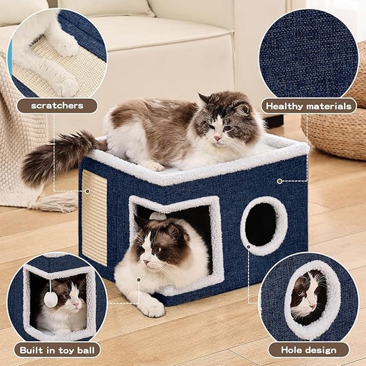 Cat Beds for Indoor Cats Houses, Large Cat Cave with Fluffy Ball and Scratch Pad, Foldable Cat House with Hideaway Tent for Kitten,Grey (SingleAB, Large)