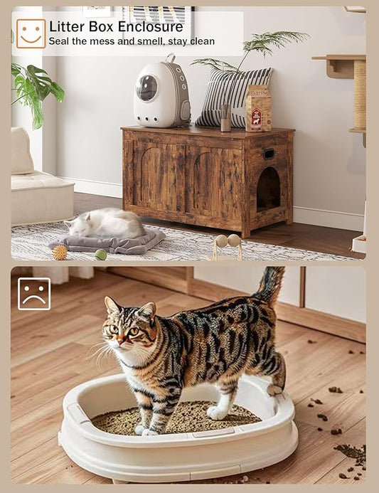 DINZI LVJ Cat Litter Box Enclosure, Flip Top Litter Box Furniture, Farmhouse Hidden Cat Washroom, Wooden Pet House, End Side Table, 31.5"L x 19.7"W x 19.7"H, Sturdy and Easy to Assemble, Rustic Brown