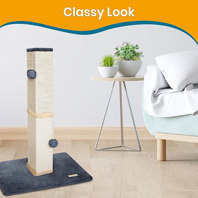 PAWBEE Cat Scratch Post Tower - 32” Tall Cat Scratching Post with Jingle Bells and Plush Balls - Sisal Cat Scratcher with Larger Base for Better Stability - Cat Scratching Posts for Indoor Cats