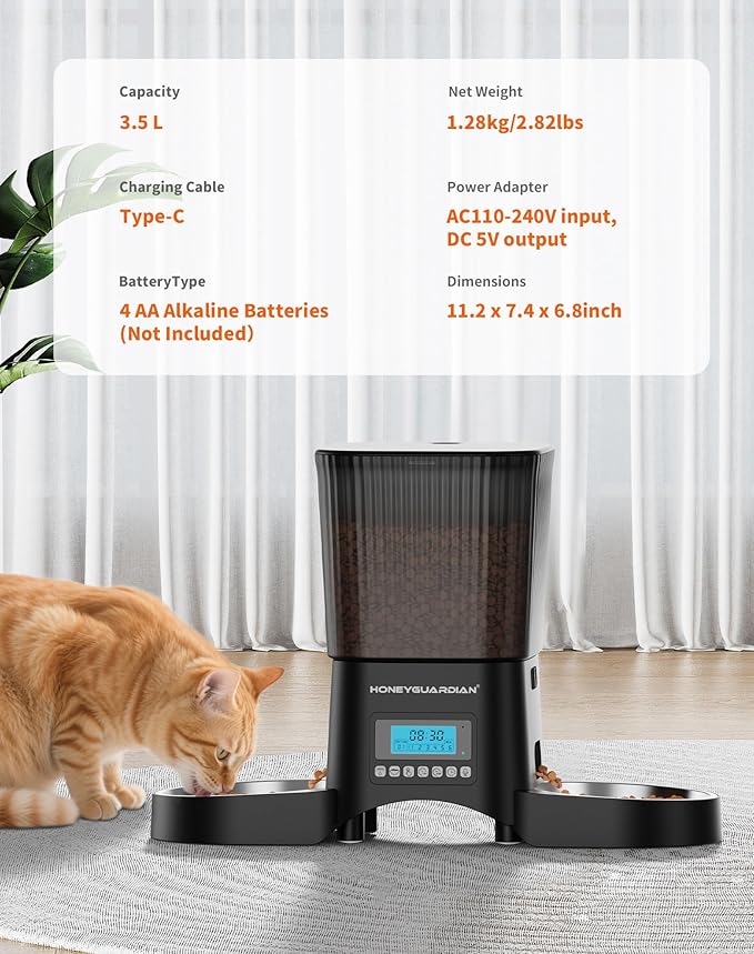 HoneyGuaridan Automatic Cat Feeder for 2 Cats, Automatic Cat Food Dispenser, Timed Pet Feeder for Cats and Dogs, Desiccant Bag, Programmable Portion Control,10s Voice Recorder