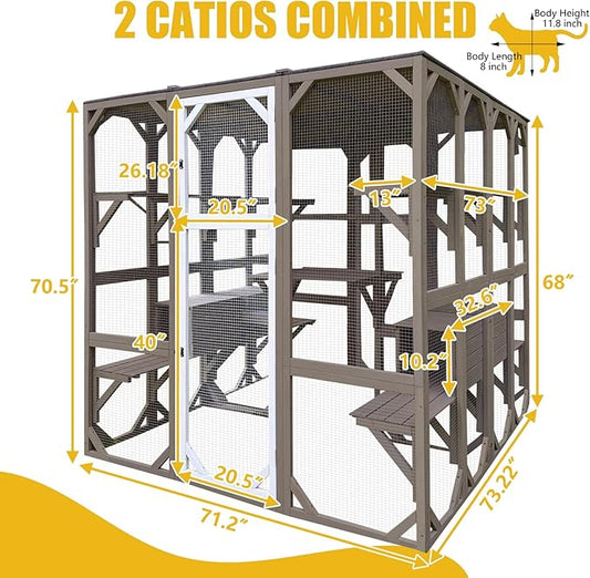 Outdoor Catio Cat Enclosures - Wooden Cat House Weatherproof with Multi Platforms & Lounge Boxes,Combined- 71 Inch